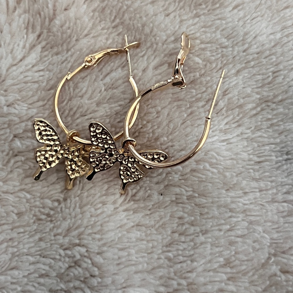 dimpled gold butterfly charm hoops